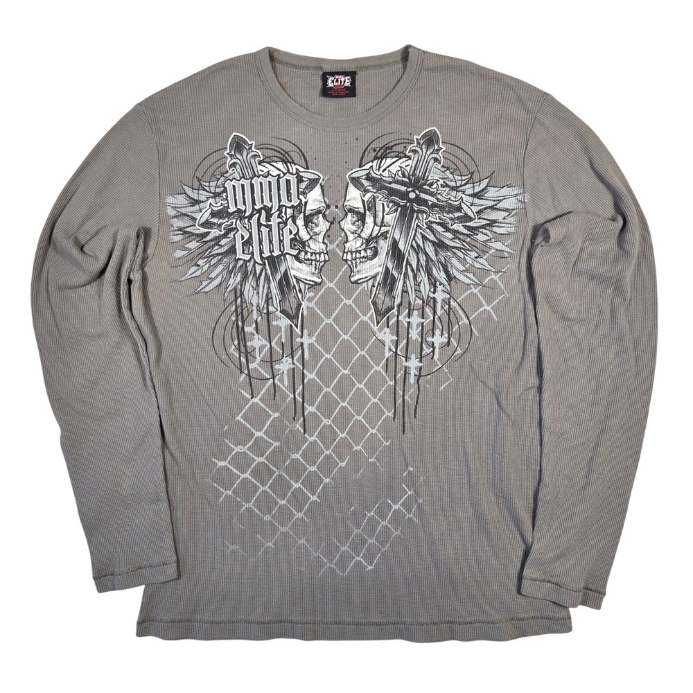 MMA Elite Mens XL Gray Waffle Knit Thermal Graphic Y2k Shirt Skulls Crosses Punk